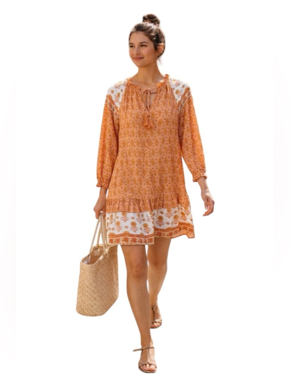 Umgee Bohemian Mini Floral Dress Long Sleeve Tassels & Ruffles Tangerine Small